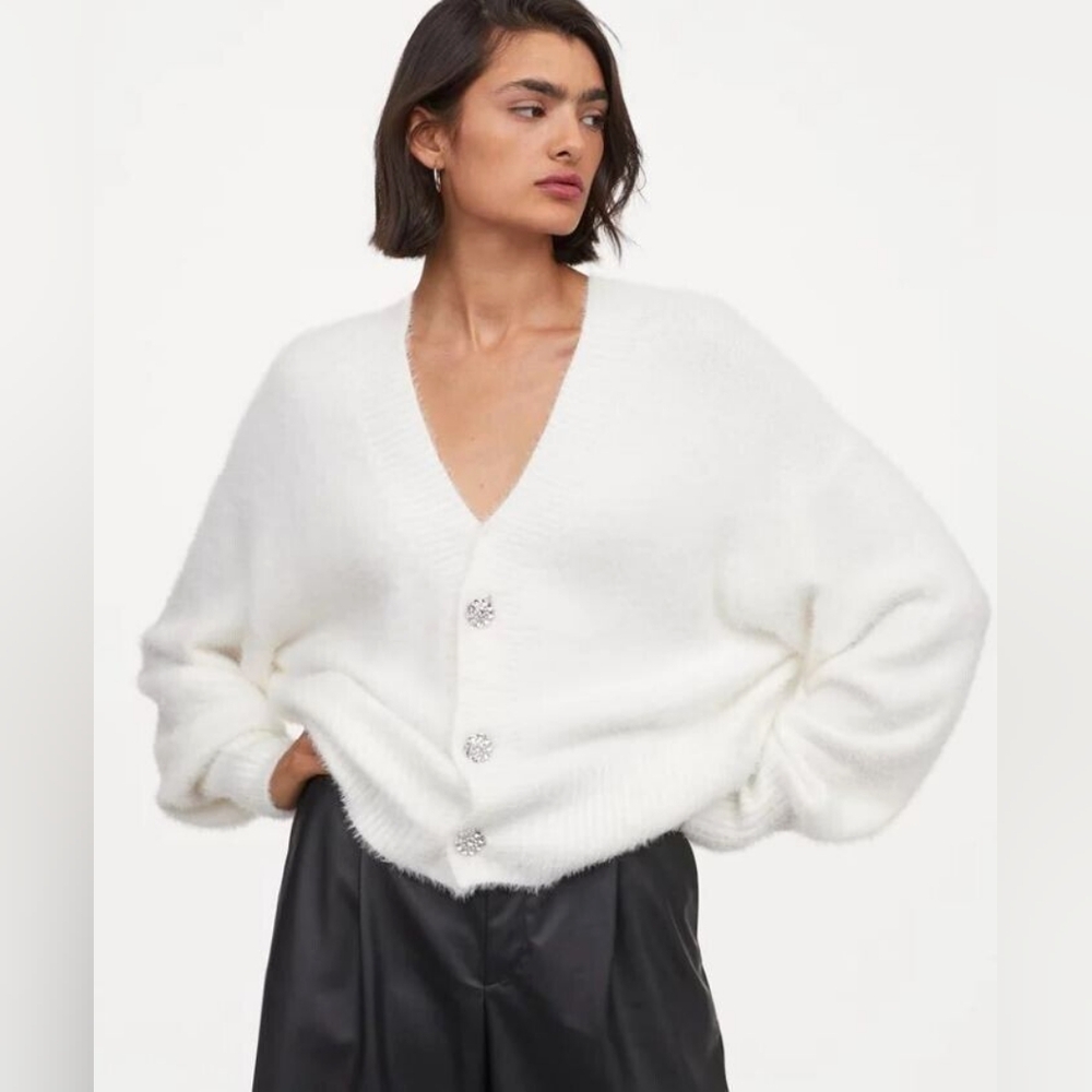 H&M White Rhinestone Button Cardigan